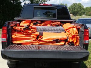 Temporary storage and flood control system Rapid-H2O so compact it fits in a truck bed